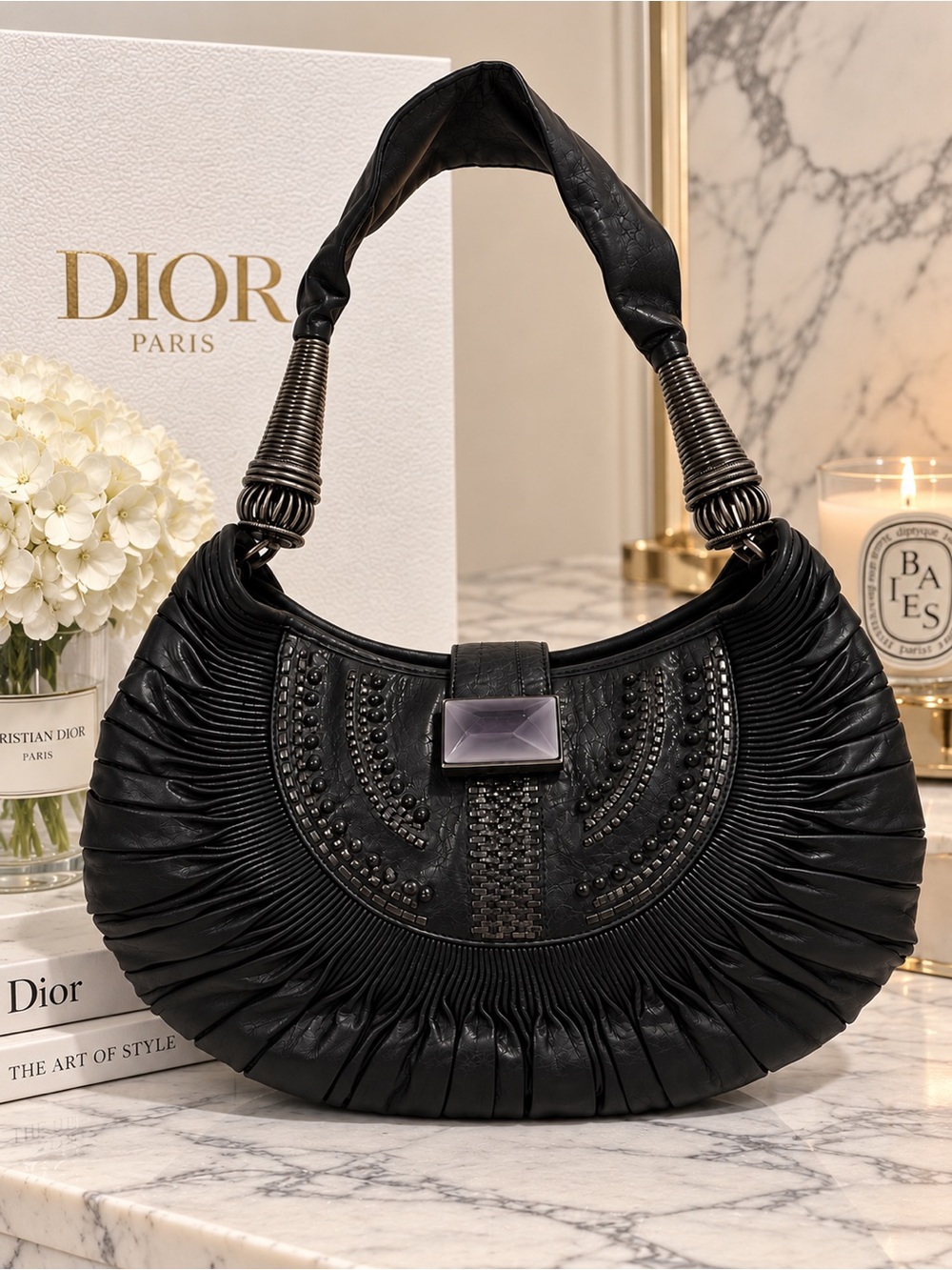 Christian Dior Plissé Black Pleated Lambskin Embellished Hobo Bag — New in Box